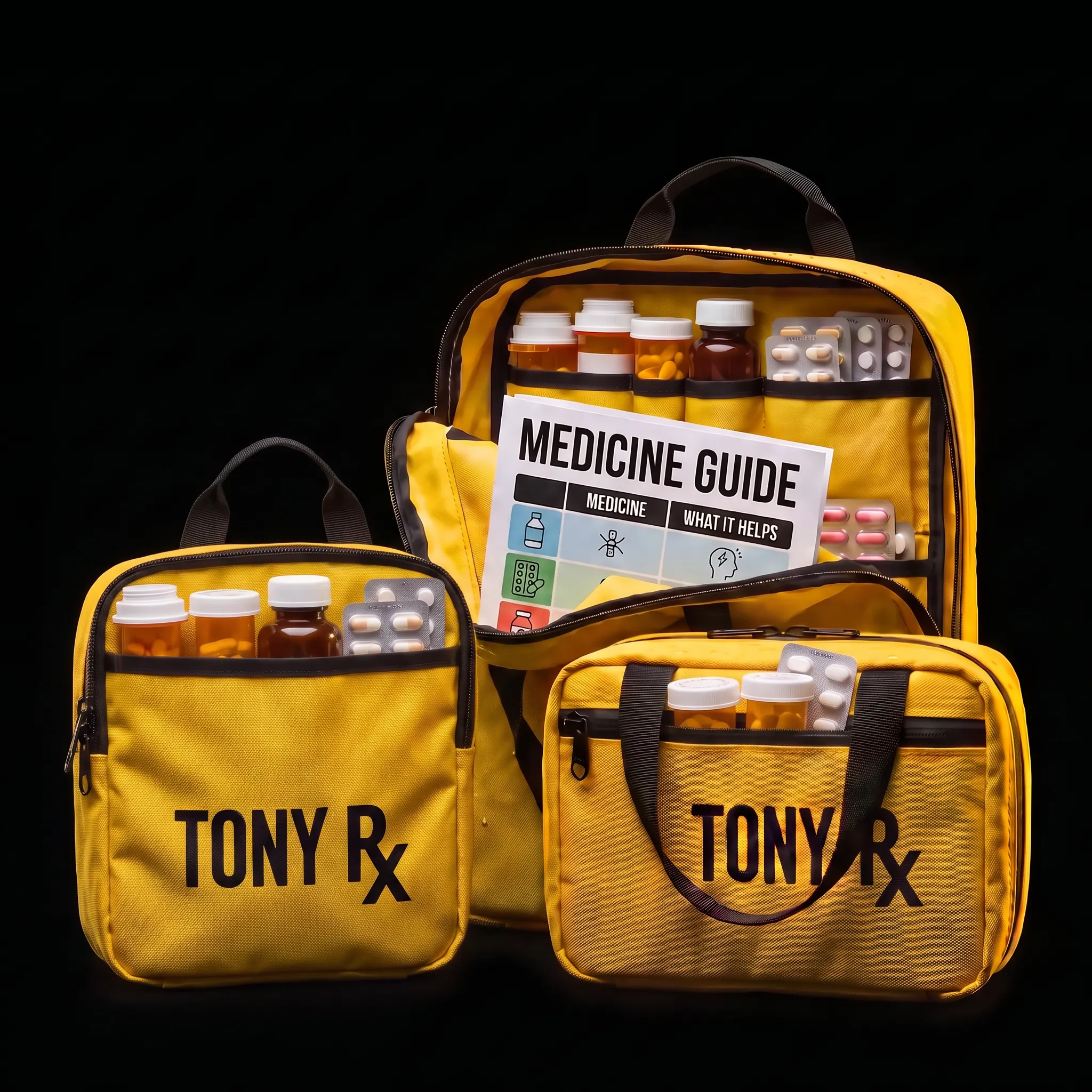 Three compact yellow Tony Rx travel medicine bags with organized bottles, blister packs, and a folded medicine guide