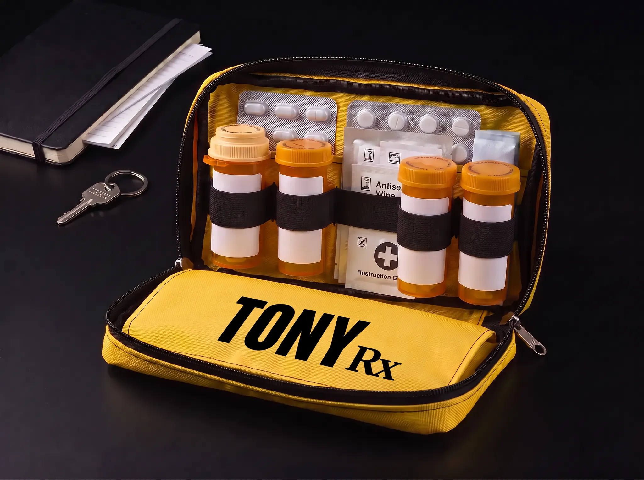 Tony Back to College Kit in a compact yellow waterproof canvas medication pouch