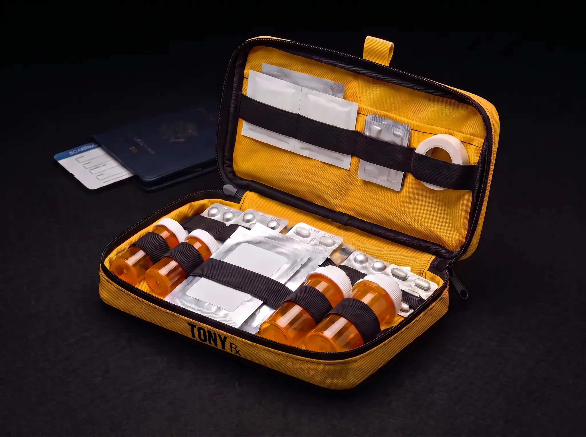Tony Cruise Kit in a compact yellow waterproof canvas medication pouch