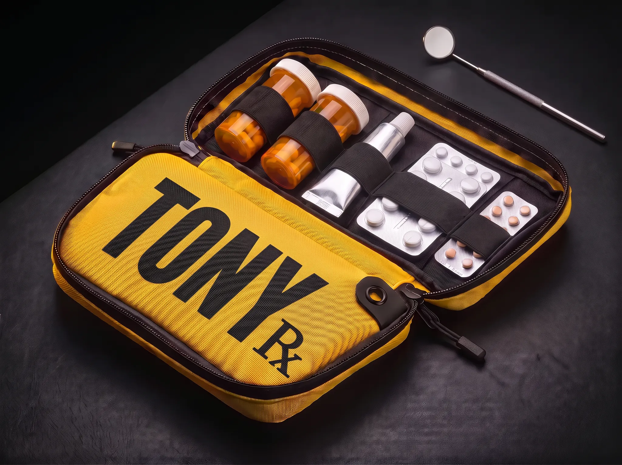 Conceptual open yellow Tony Rx pouch with generic medicine containers and a topical tube; not a verified kit pack-out