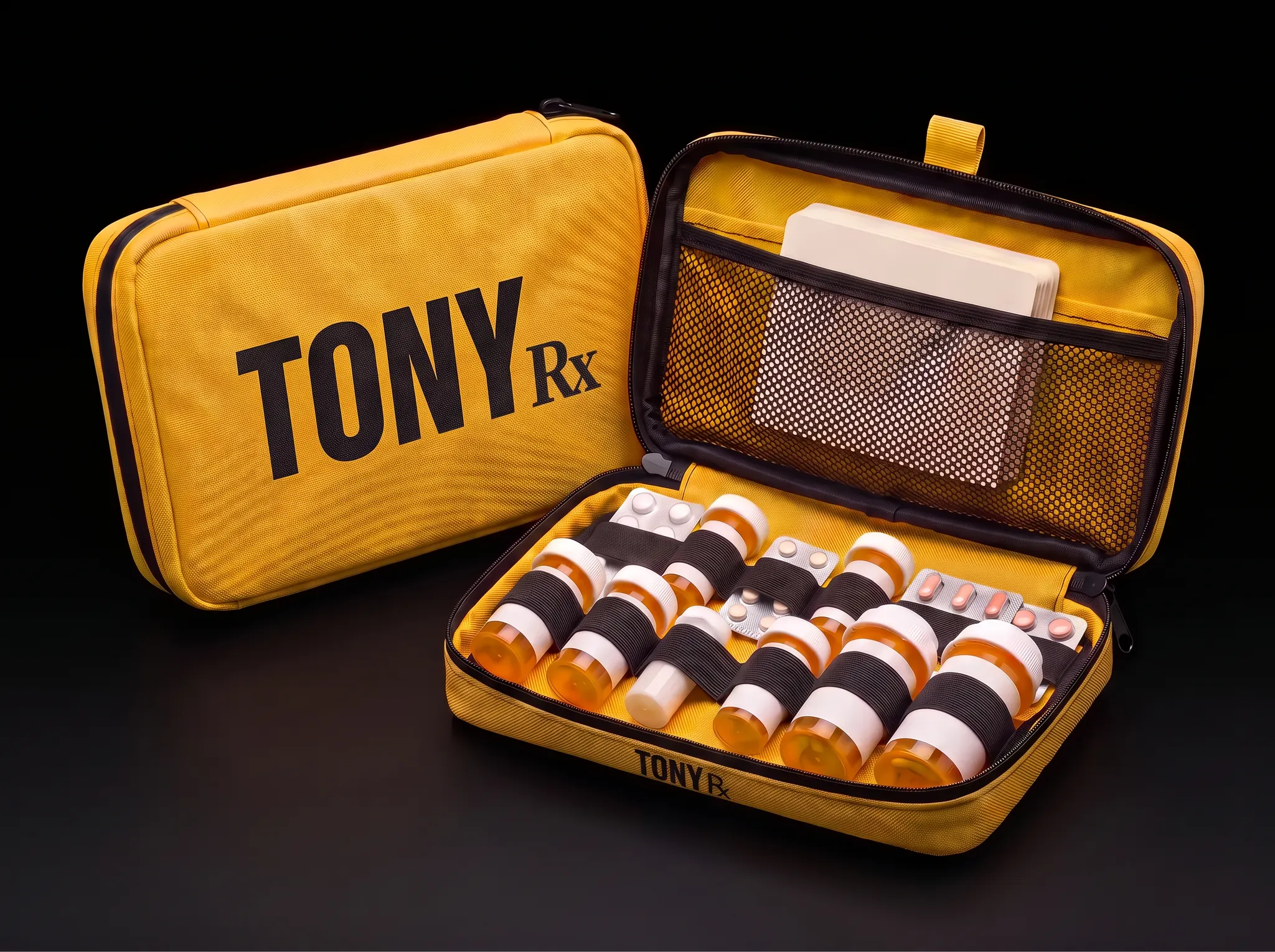 Open Tony Passport with organized prescription medication bottles