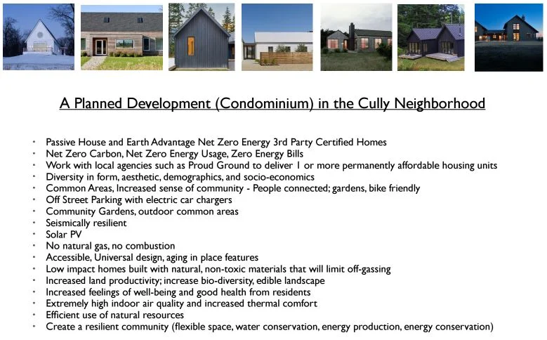 Slide titled "A Planned Development (Condominium) in the Cully Neighborhood" with a row of home photos above a bulleted list of goals