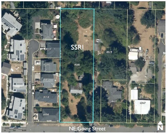 Aerial parcel map outlining the SSRI site on NE Going Street, with neighboring lots and rooftop solar panels visible
