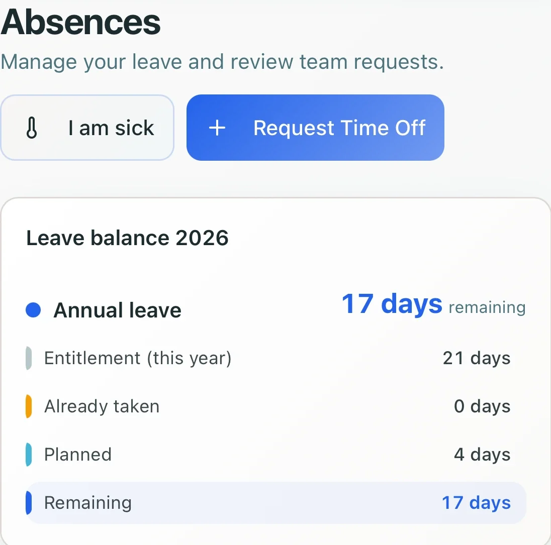 Employee leave balance and time-off request controls in Teamspot