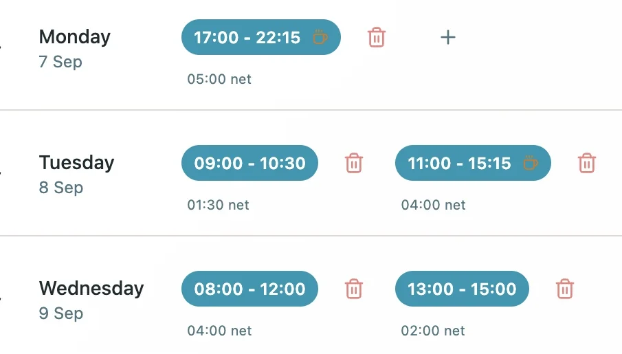 Teamspot timesheet detail showing work intervals and net hours over three days