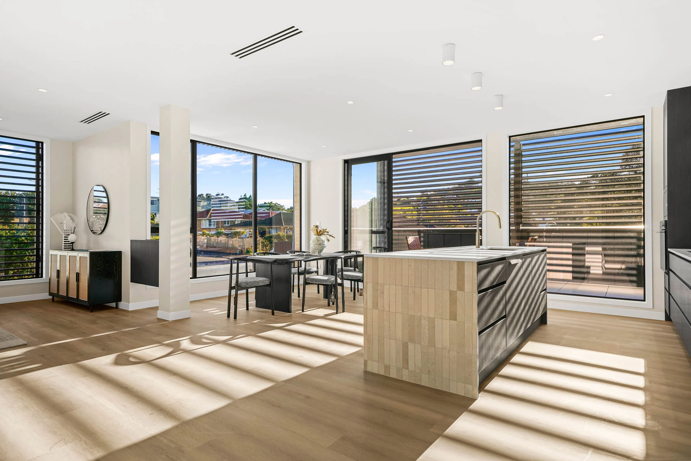 Sunlit open-plan kitchen and dining space