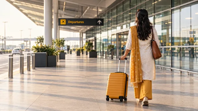 Illustrative airport travel scene with a traveller and luggage