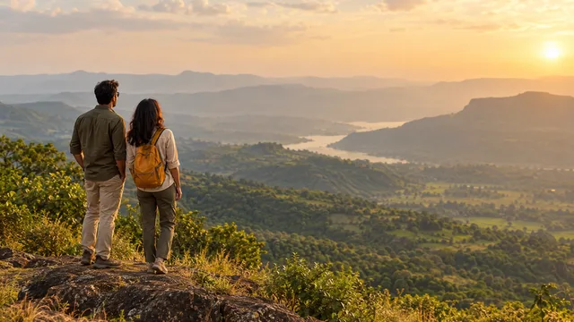 Illustrative leisure travel scene at a hill viewpoint
