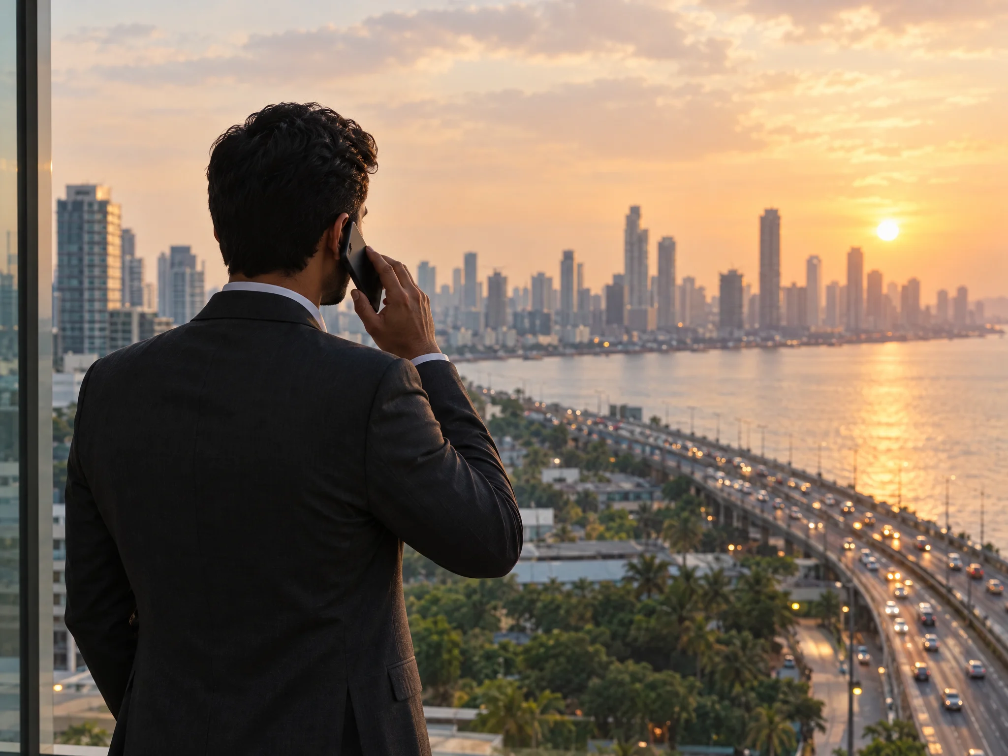 Illustrative business traveller beside a Mumbai skyline