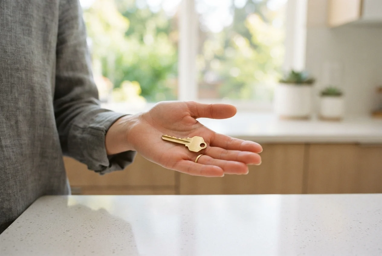 Outstretched hand holding a brass key above a pale kitchen countertop.