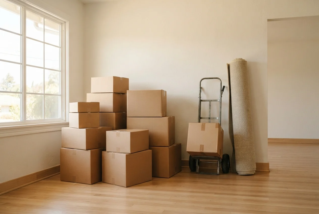 Stacked moving boxes, a hand truck, and a rolled rug sit in a sunlit empty room.