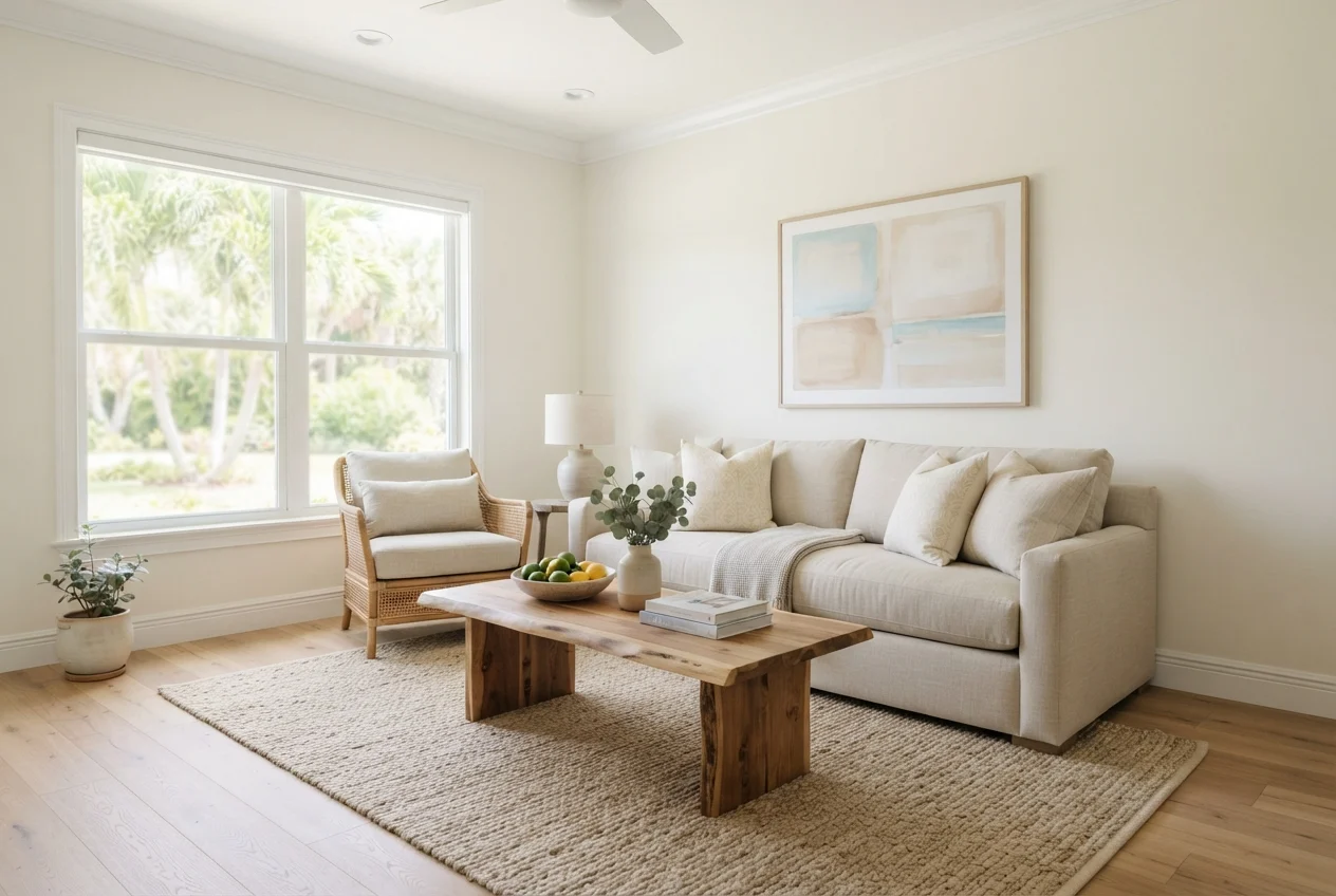 Bright neutral living room with a sofa, wicker chair, wood coffee table, plants, window, and abstrac