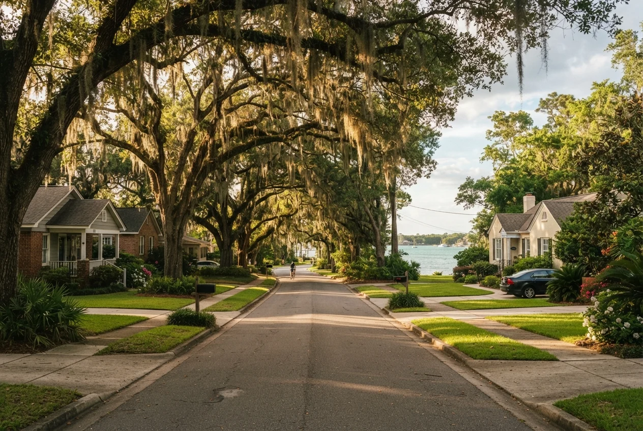 Tree-lined residential street with houses, a cyclist, and a waterfront visible in the distance.