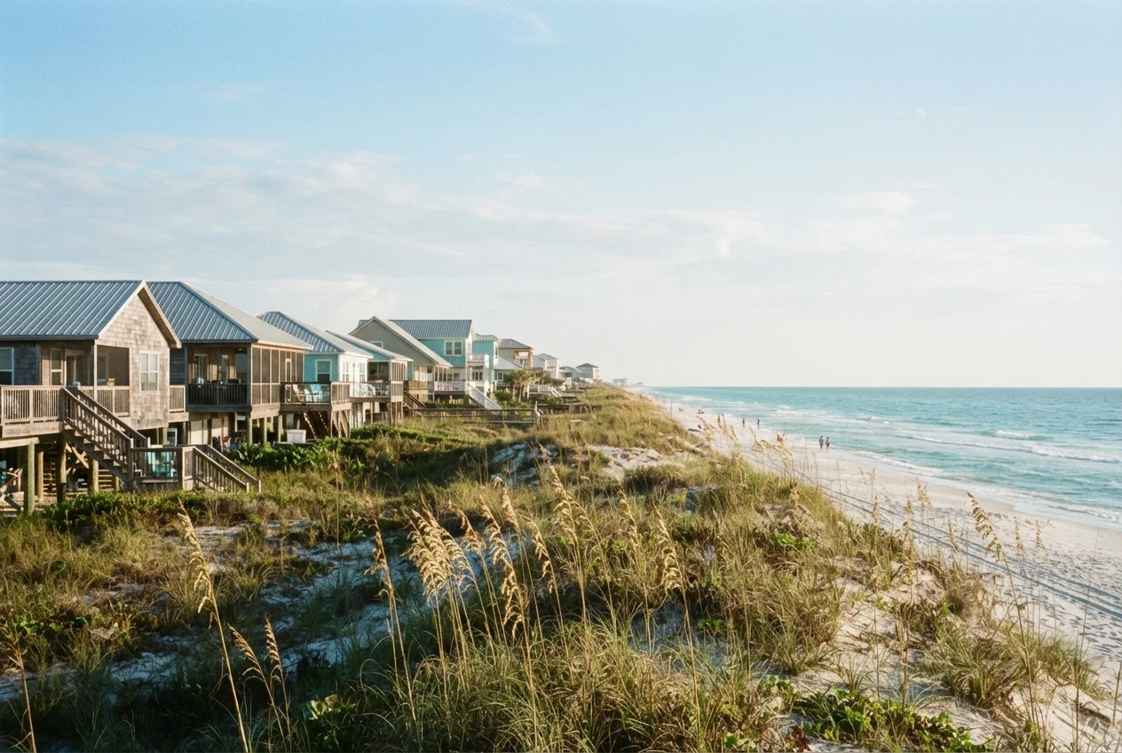 Elevated beach cottages line grassy dunes beside a sandy beach and turquoise ocean.