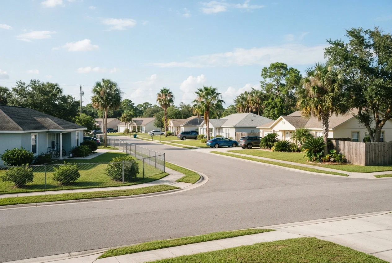 Quiet suburban street with single-story homes, palm trees, parked cars, lawns, and sidewalks under a