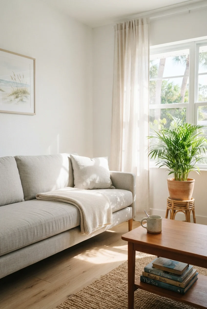 Sunlit minimalist living room with gray sofa, palm plant, coffee table, mug, books, and tropical window view.