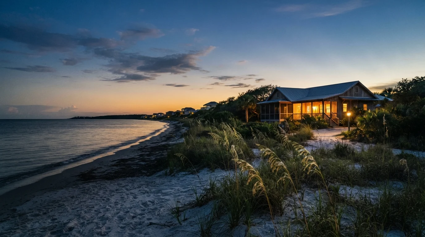 Warmly lit beach cottage beside a curving shoreline and dune grass at dusk.