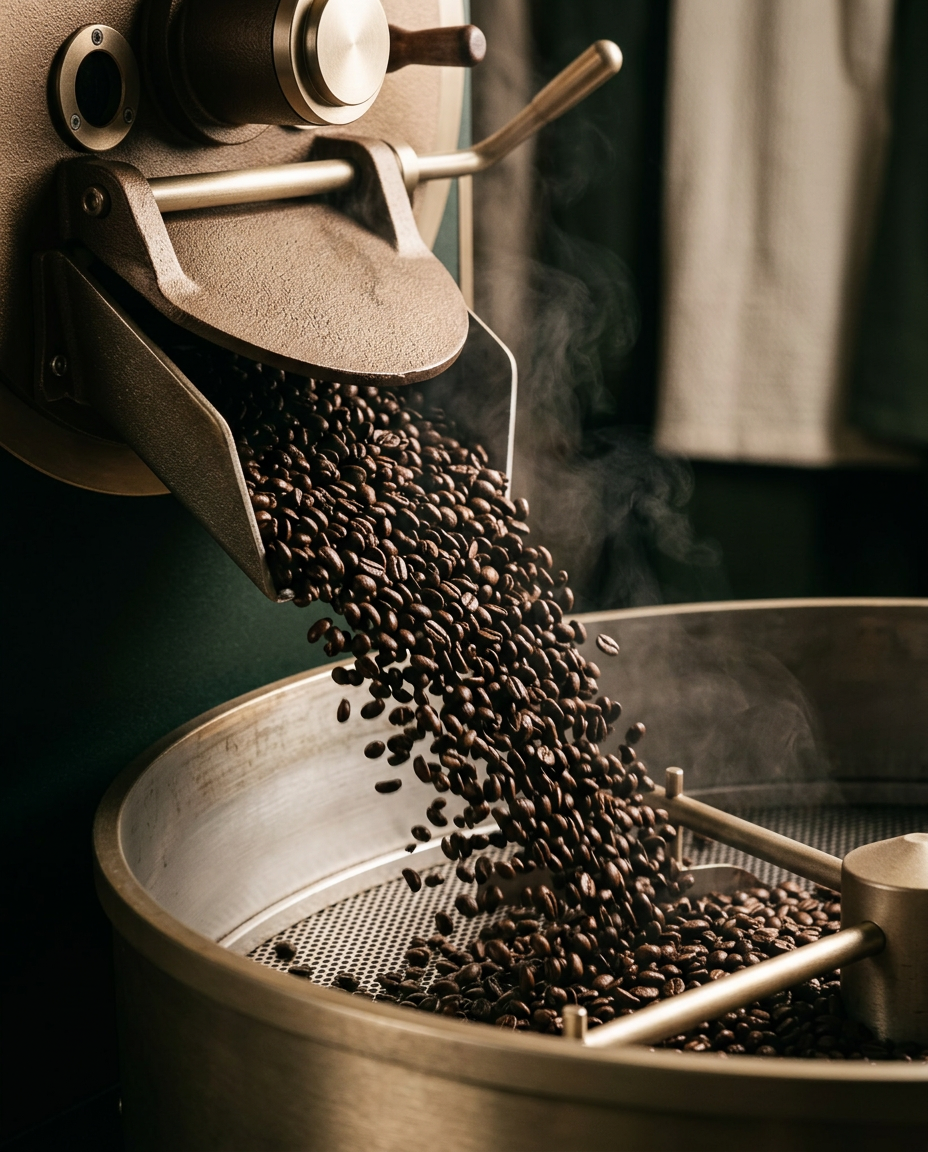 Freshly roasted coffee beans pouring from an artisan drum roaster's cooling tray, warm light and soft steam