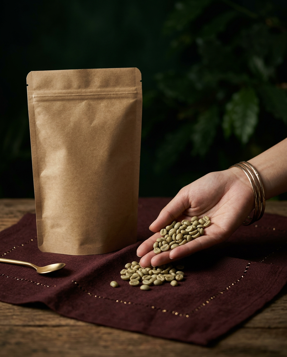 A handful of exceptional green coffee beans on deep oxblood linen beside an unlabeled micro-lot pouch