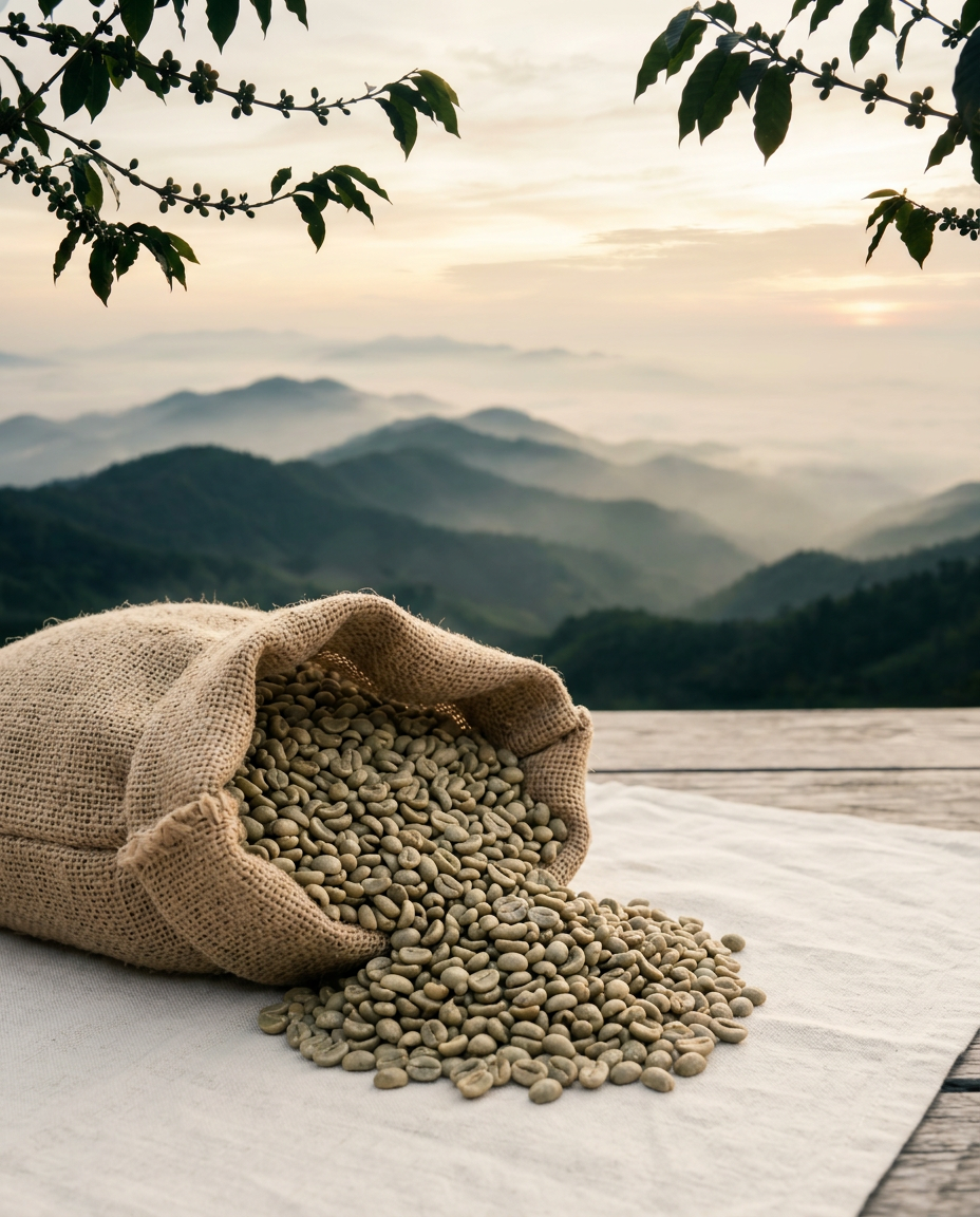 A jute sack of unroasted green coffee beans spilling onto ivory linen, misty Northern Thai mountains beyond