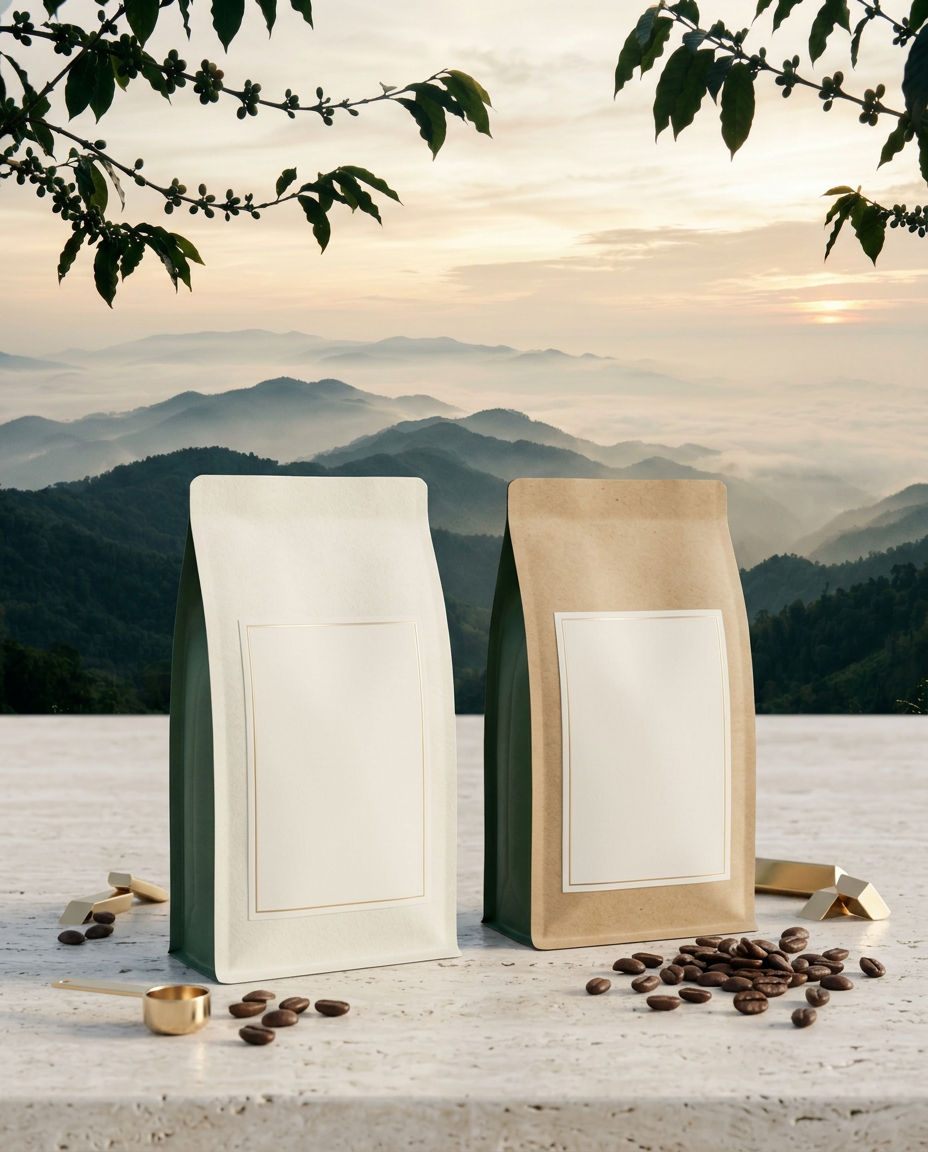 Roasted coffee packed in branded bags