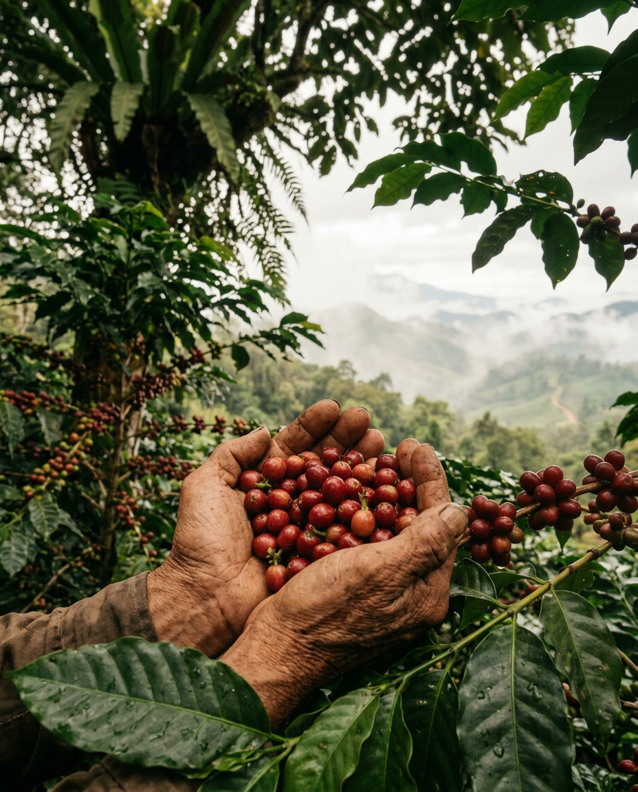 A farmer's weathered hands cradling bright red coffee cherries among green coffee plants on a misty highland farm
