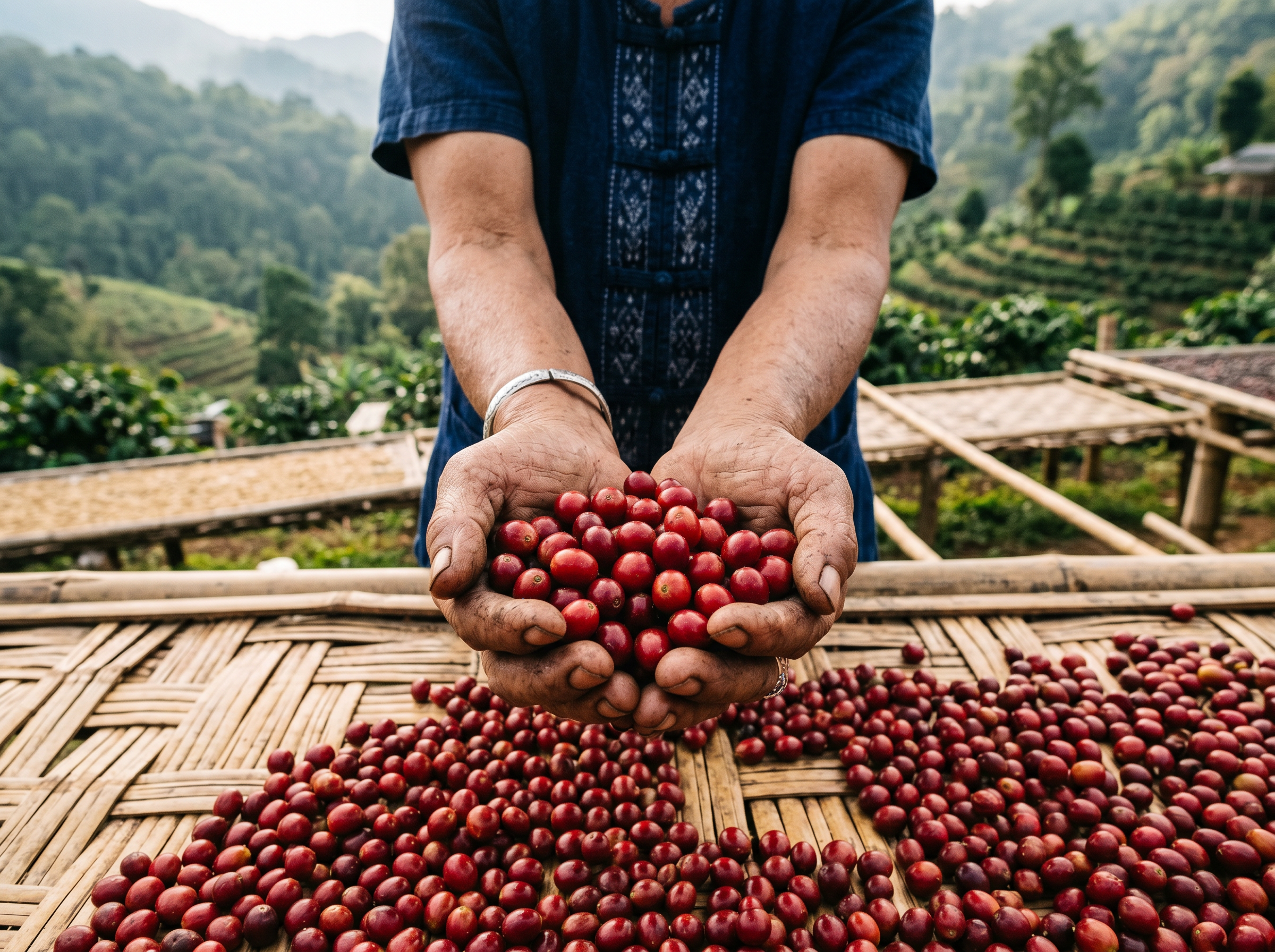 A farmer's hands holding freshly harvested red coffee cherries over a bamboo drying bed