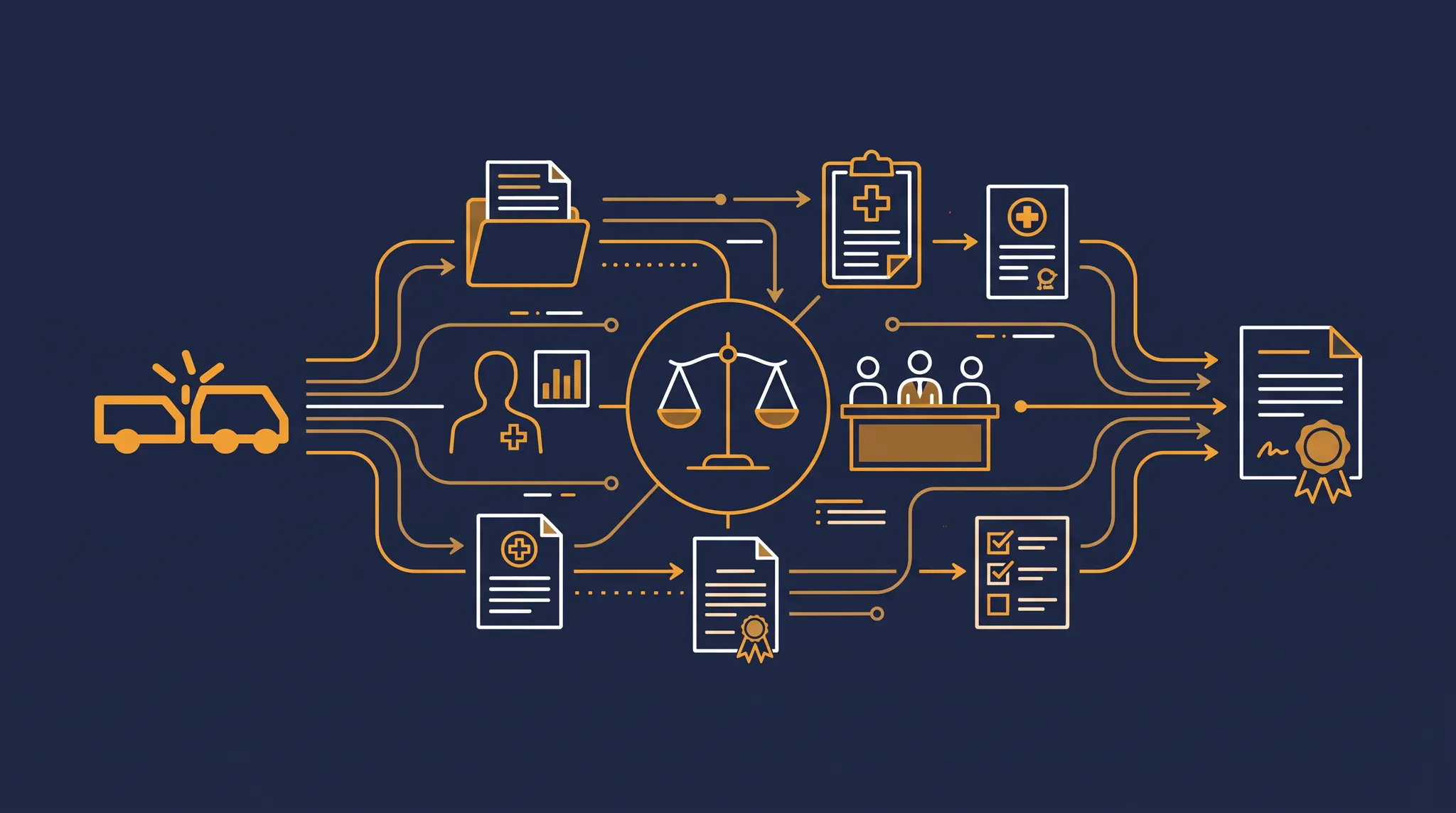 Car accident arbitration evidence flow connecting collision records, medical proof, damages documents, a neutral hearing, and a written decision