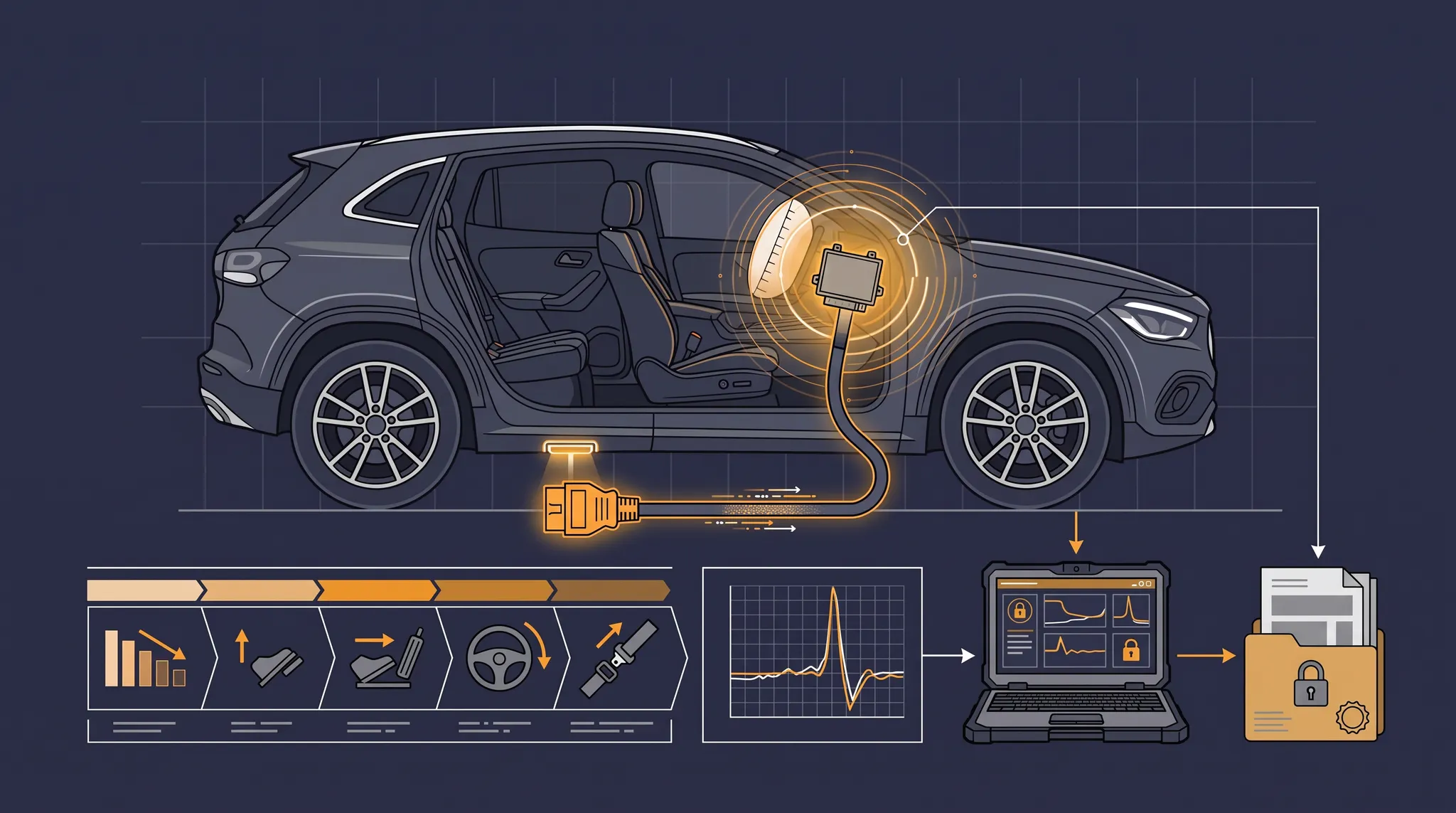 Technical car accident event data recorder illustration showing a vehicle module, crash signals, qualified download, and secure evidence preservation