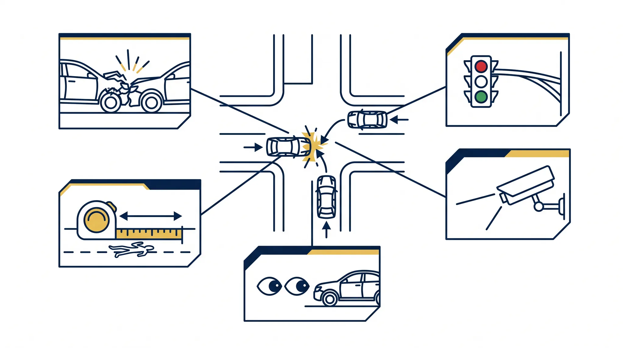 Technical evidence map for car accident fault determination showing vehicle damage, traffic controls, camera footage, witnesses, and roadway measurements