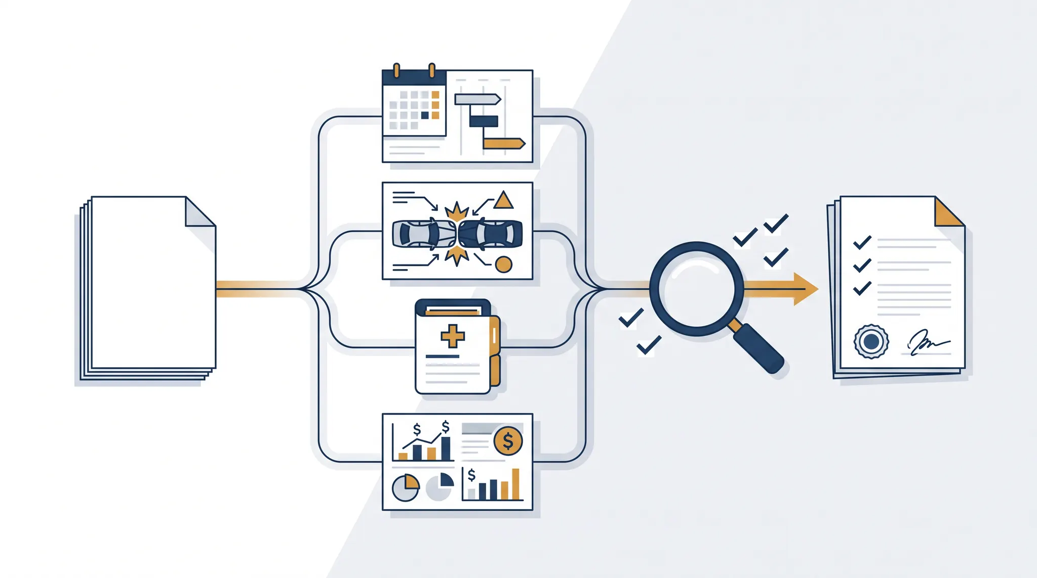 Car accident interrogatories workflow connecting written questions to timeline, collision, medical, and wage records before verified responses