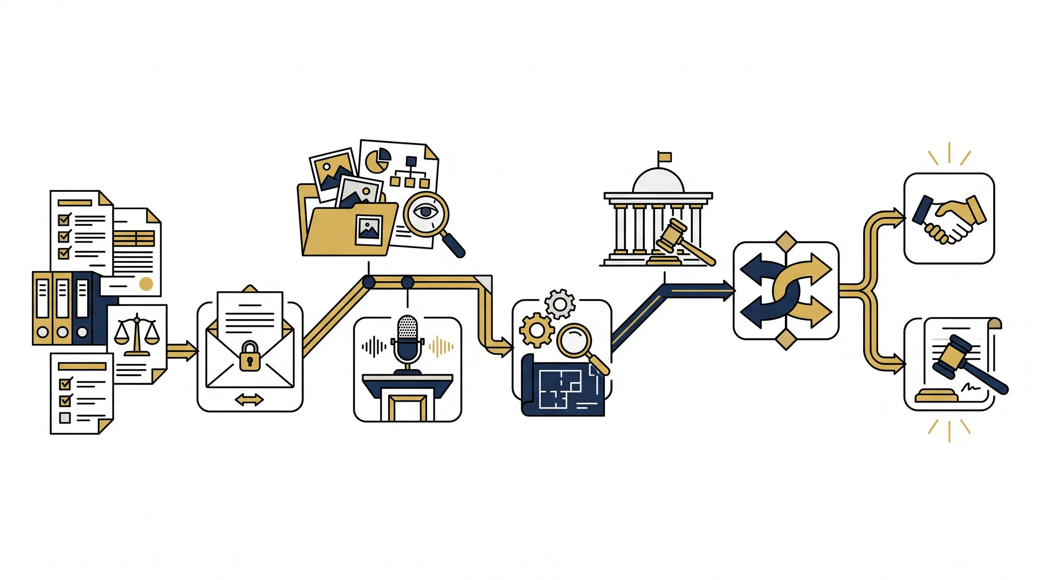 Car accident lawsuit process map showing connected stages from filing and service through evidence exchange, negotiation, and trial