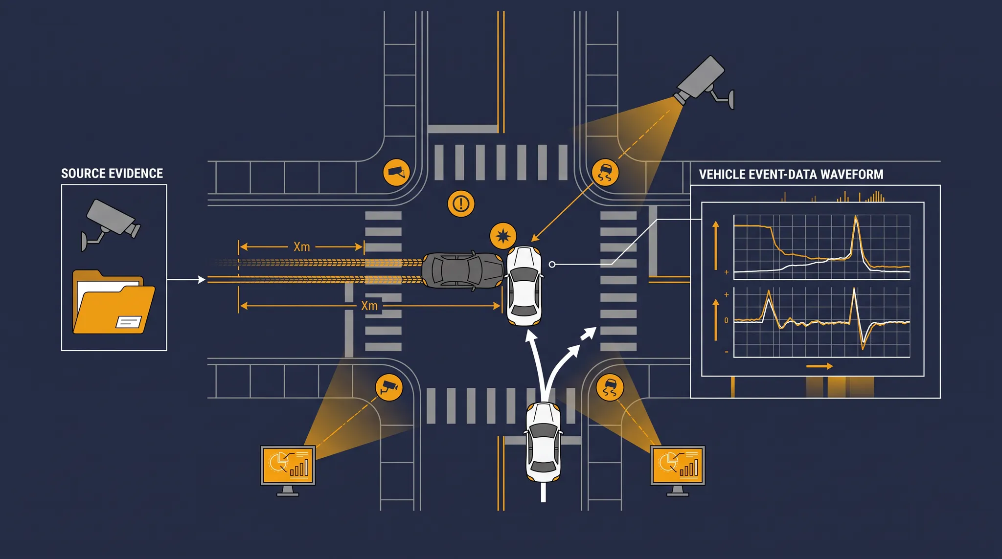 Technical car accident reconstruction map showing roadway measurements, vehicle positions, video viewpoints, and event data evidence