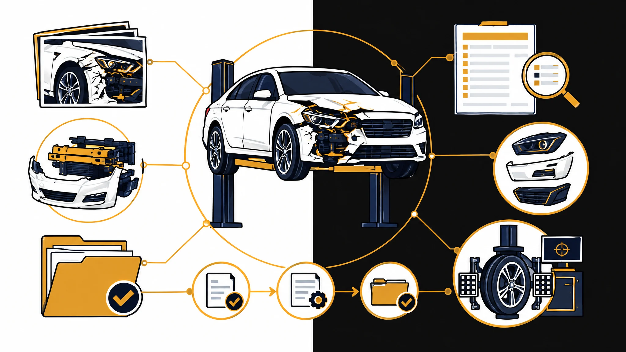 Car accident repair estimate audit showing vehicle damage photos, estimate lines, hidden bumper damage, parts choices, calibration, supplements, and final invoice