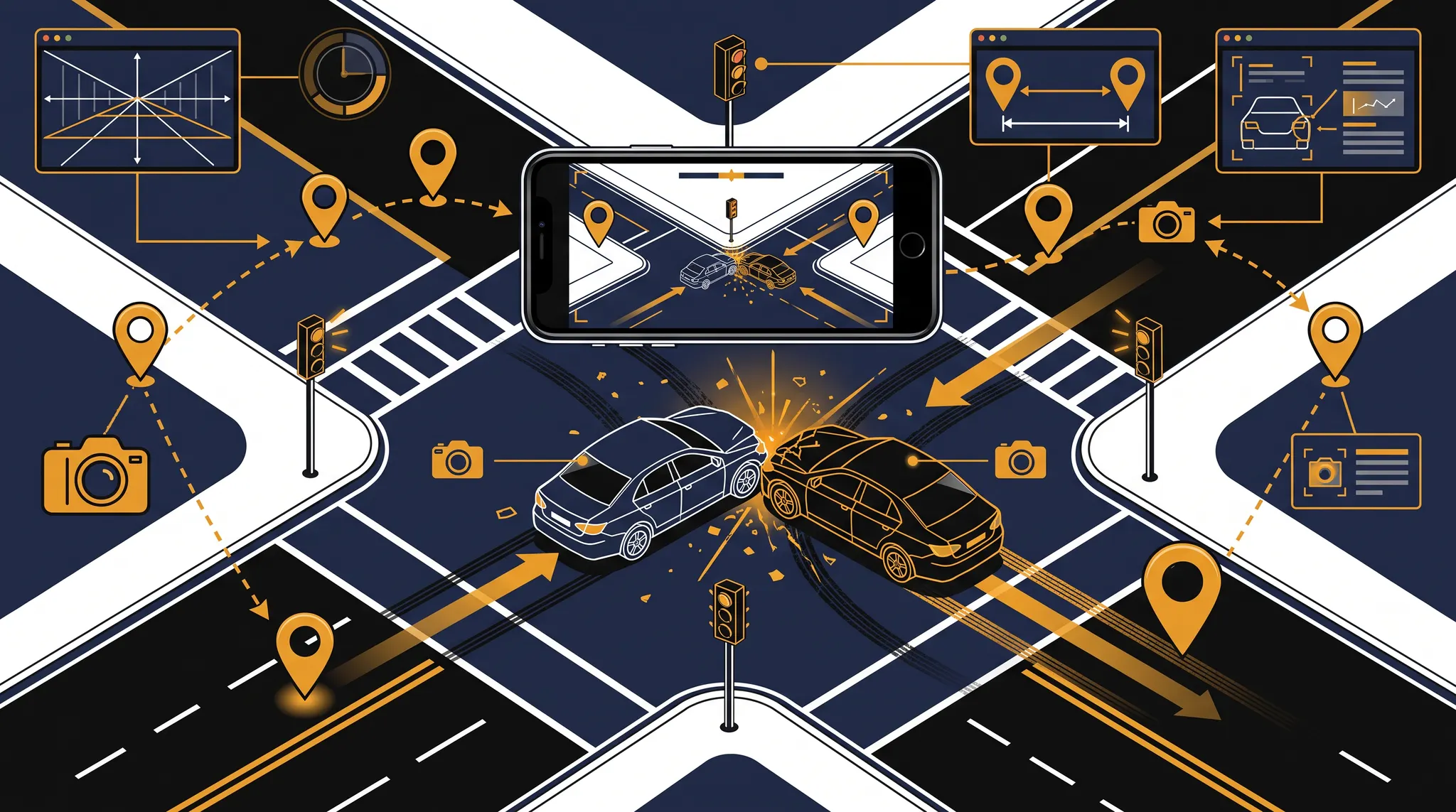 Technical car accident scene photography guide showing wide intersection views, approach paths, vehicle damage, road marks, debris, traffic controls, and original-file preservation