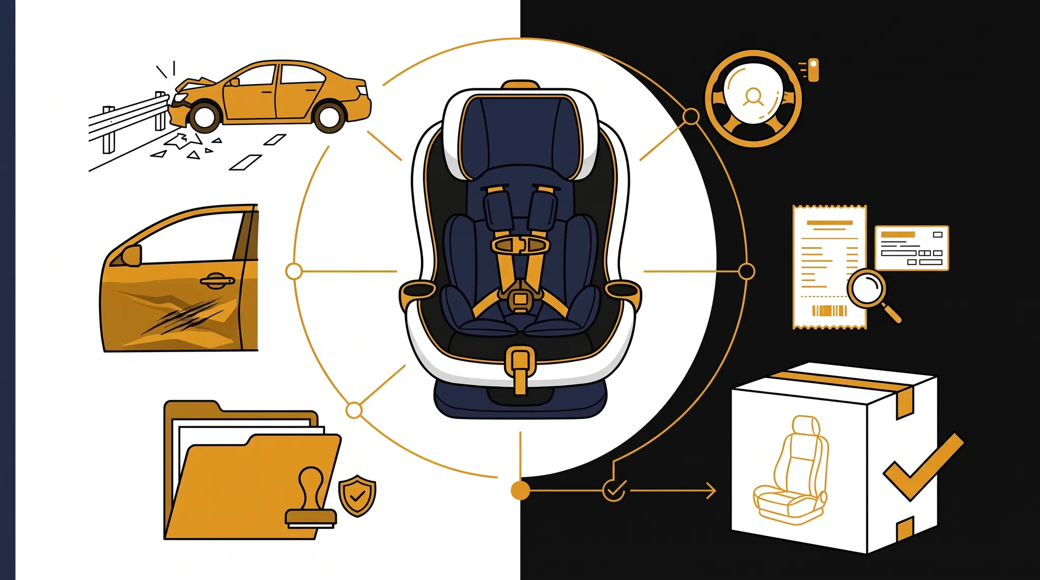 Car seat replacement after accident insurance evidence map with crash photos, model label, manufacturer instructions, claim file, and replacement receipt