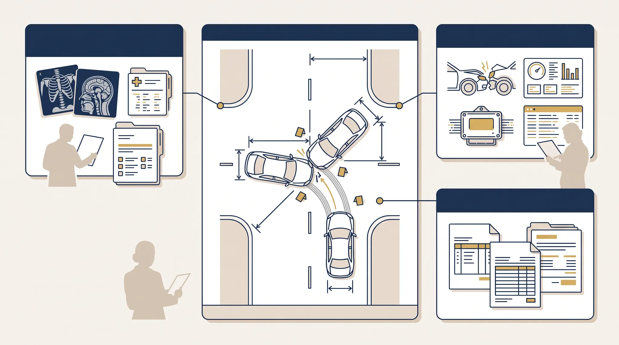 Car accident expert witness evidence map connecting collision reconstruction, medical records, vehicle data, and economic documents
