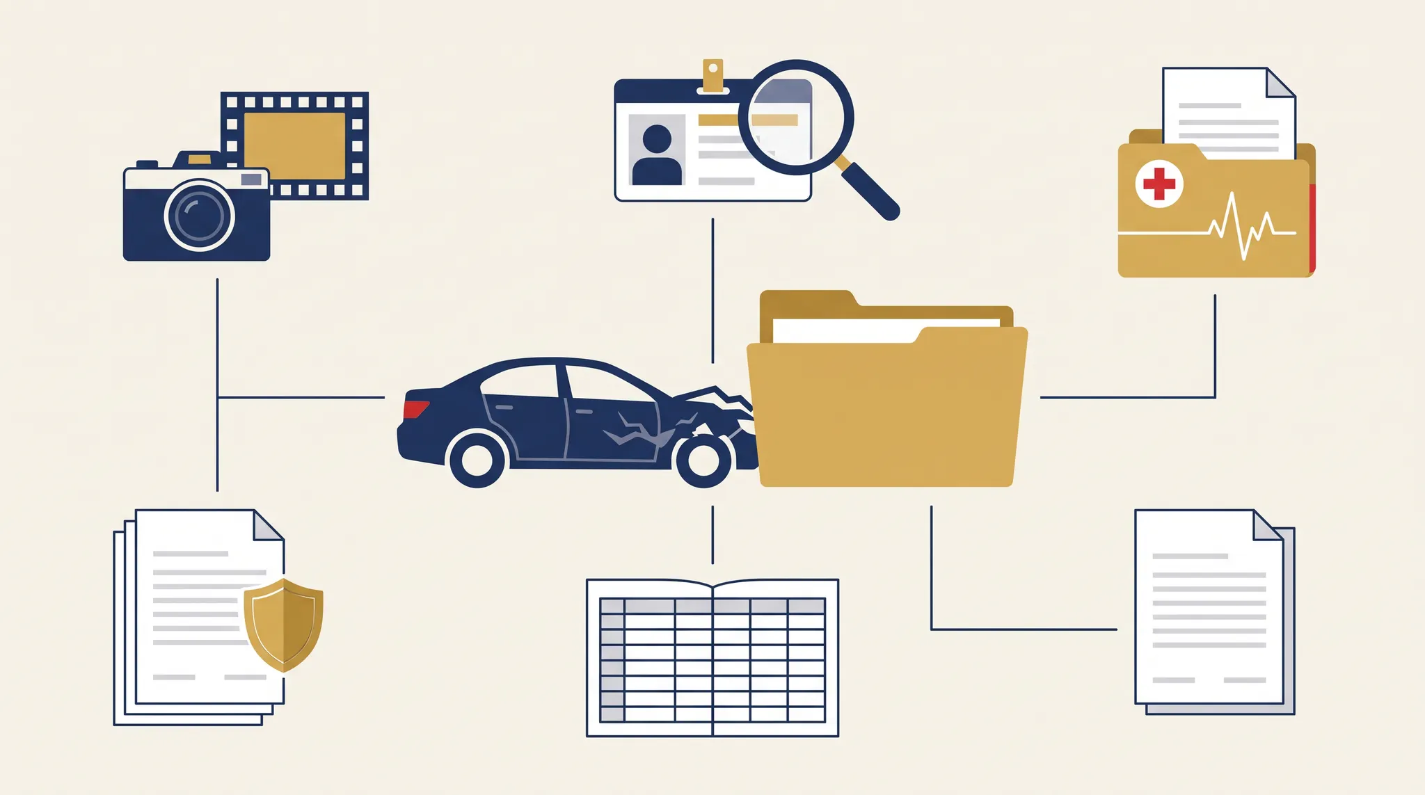 Uninsured motorist claim coverage and evidence map connecting crash proof, insurance verification, medical records, policy documents, and a damages ledger