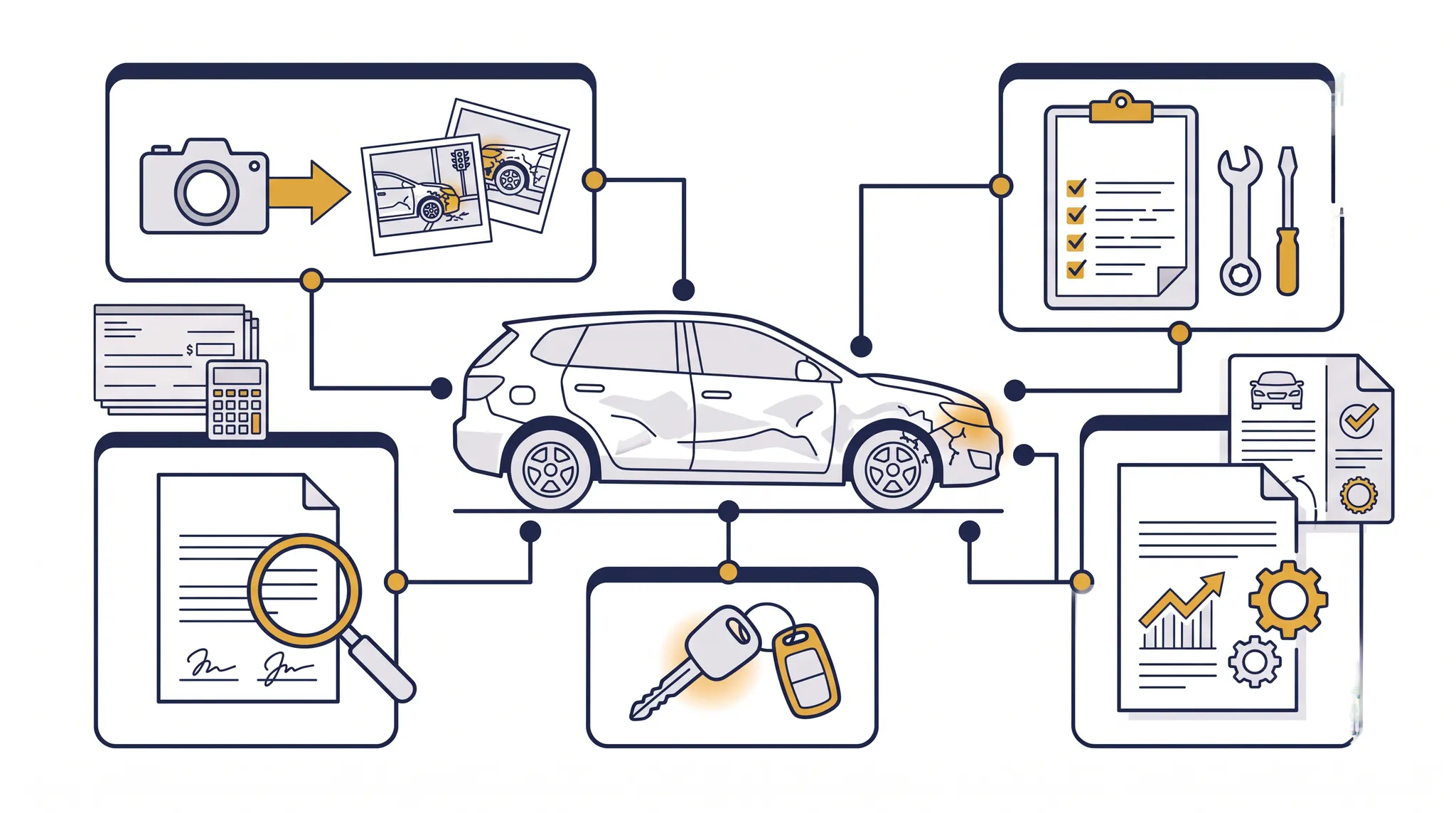 Car accident property damage claim file map with vehicle photos, repair estimate, valuation, towing, transportation, payment, and release records