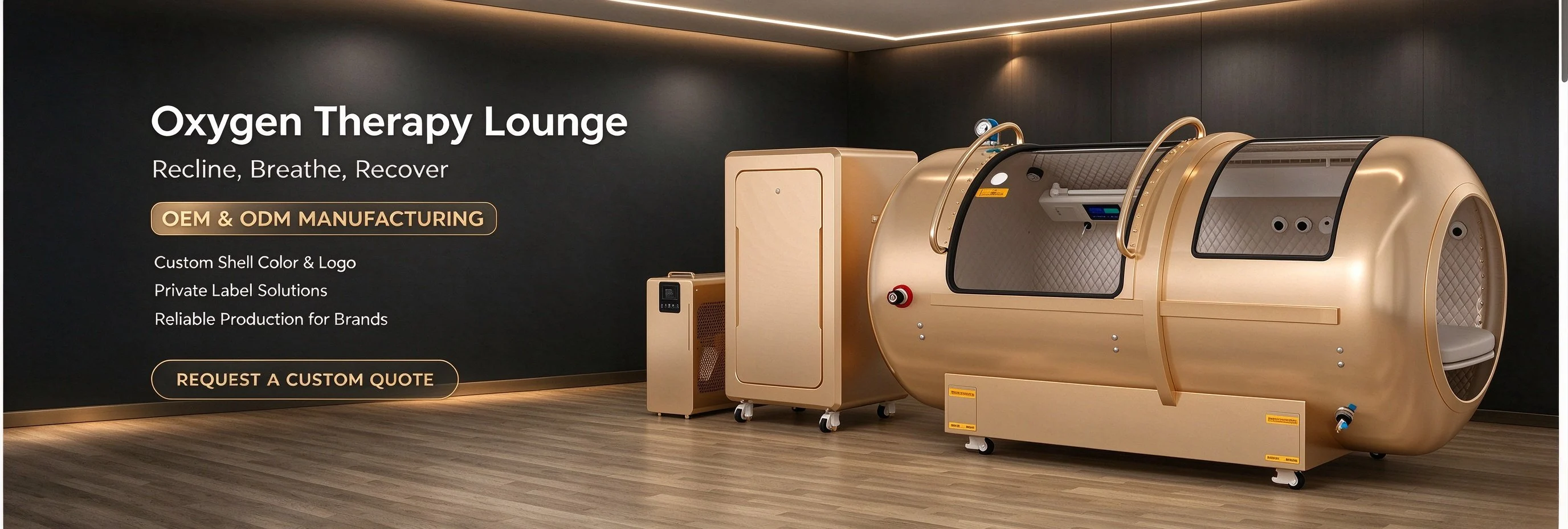 Gold OxySail hard-shell chamber in a dark lounge with OEM and ODM manufacturing text