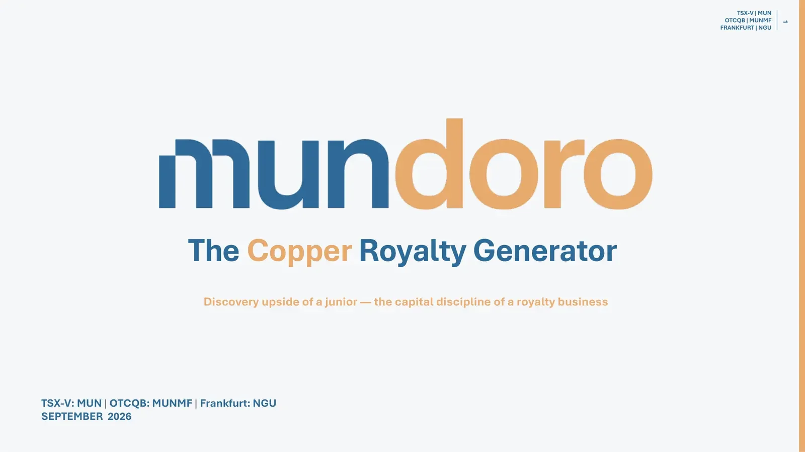 Mundoro corporate presentation cover: The Copper Royalty Generator, September 2026