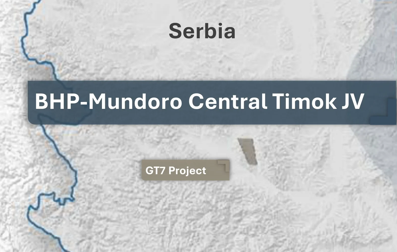 Regional map showing the GT7 project in Serbia, west of the BHP-Mundoro Central Timok JV
