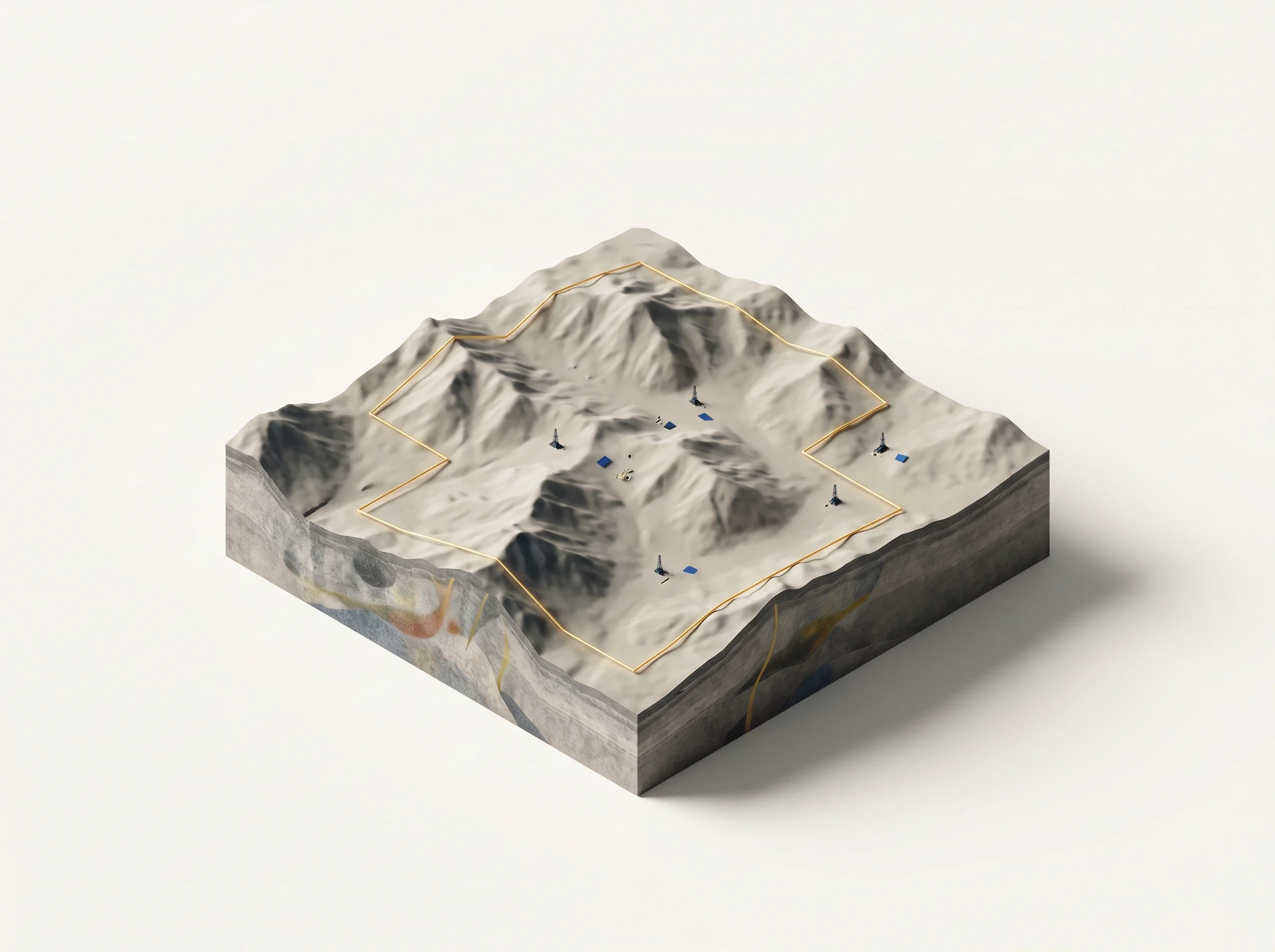 Isometric model of a Mundoro copper-gold exploration licence with a gold property boundary and drill pads