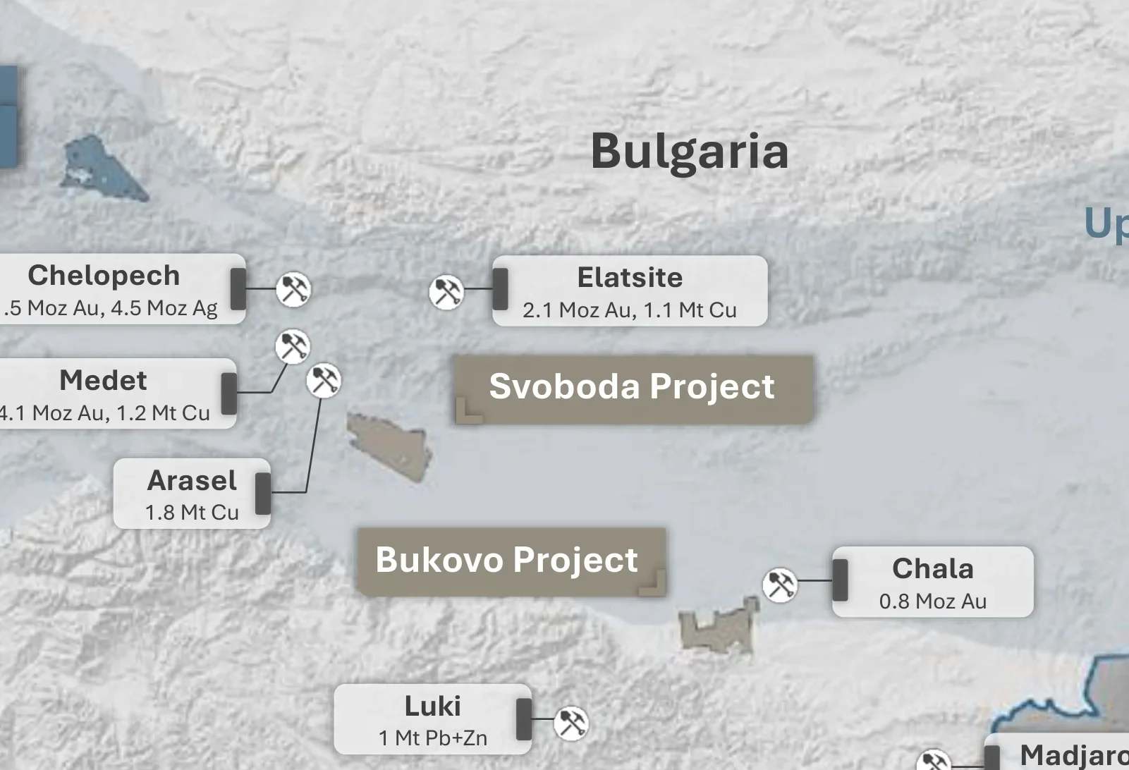 Regional map showing the Svoboda project in Bulgaria near the Elatsite and Chelopech mines