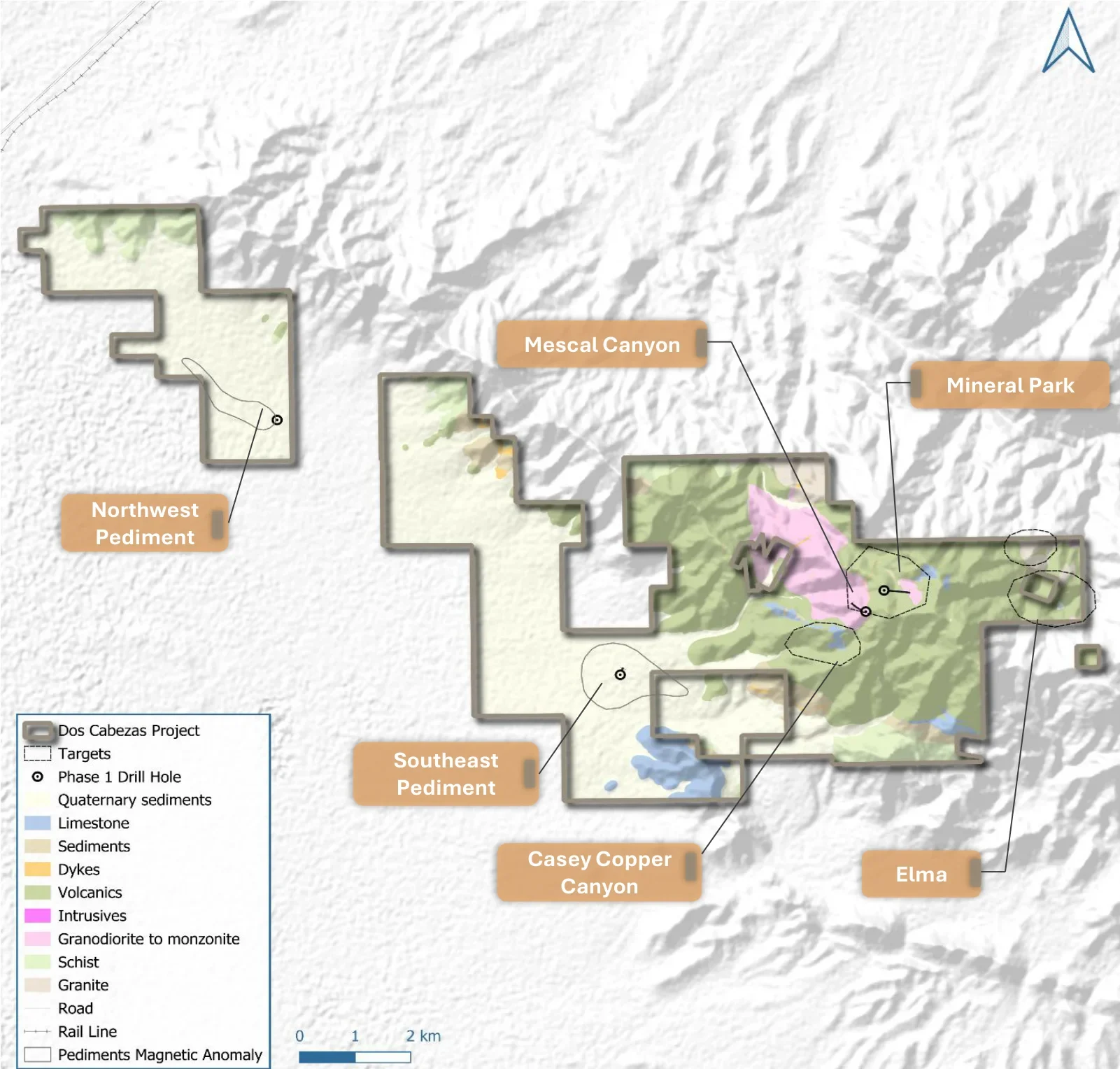 Dos Cabezas project map with Mescal Canyon, Mineral Park, Casey Copper Canyon, Elma and Pediment targets