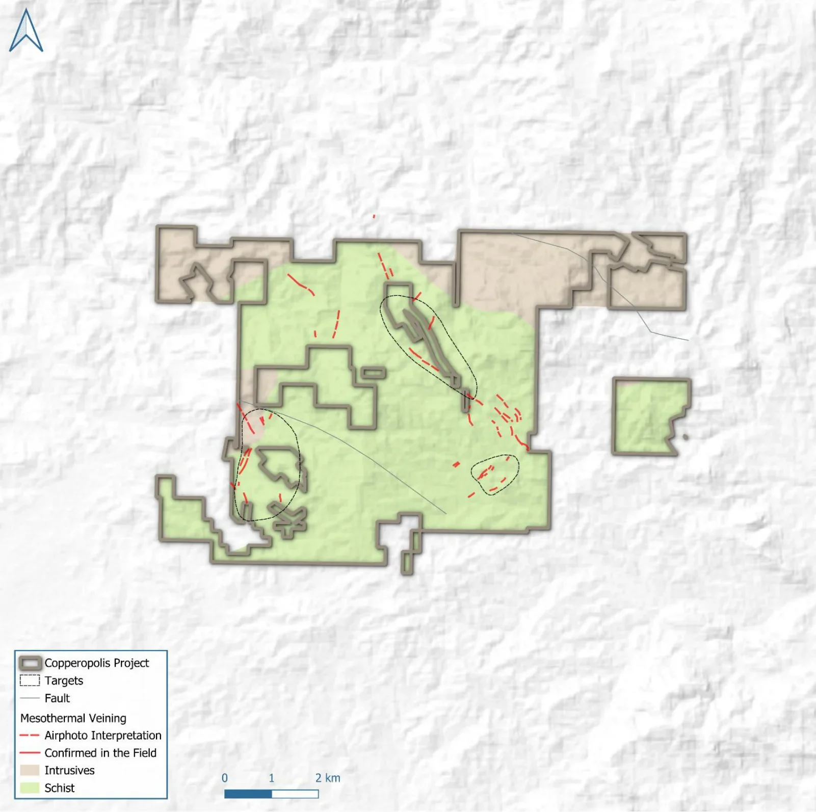 Copperopolis project geology map showing the licence outline, targets and mapped veining