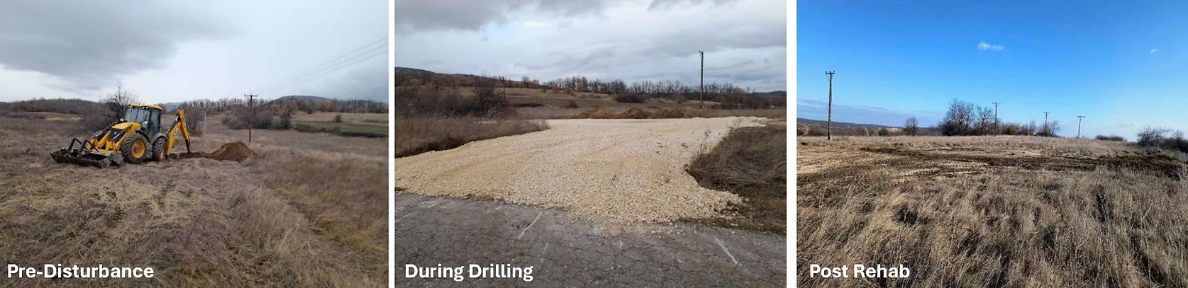 One drill site in three stages: pre-disturbance, during drilling and post rehabilitation