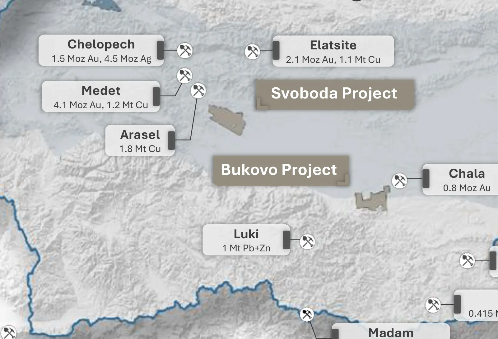 Regional map showing the Bukovo project in Bulgaria near the Chala and Medet deposits