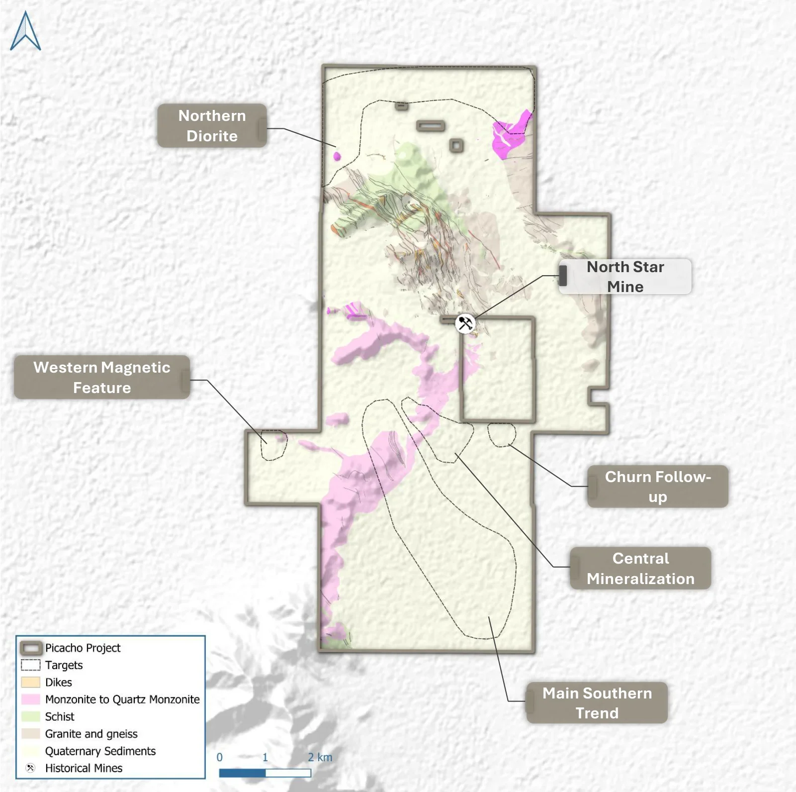 Picacho project map with Main Southern Trend, Central Mineralization, Churn Follow-up, Western Magnetic Feature and Northern Diorite targets