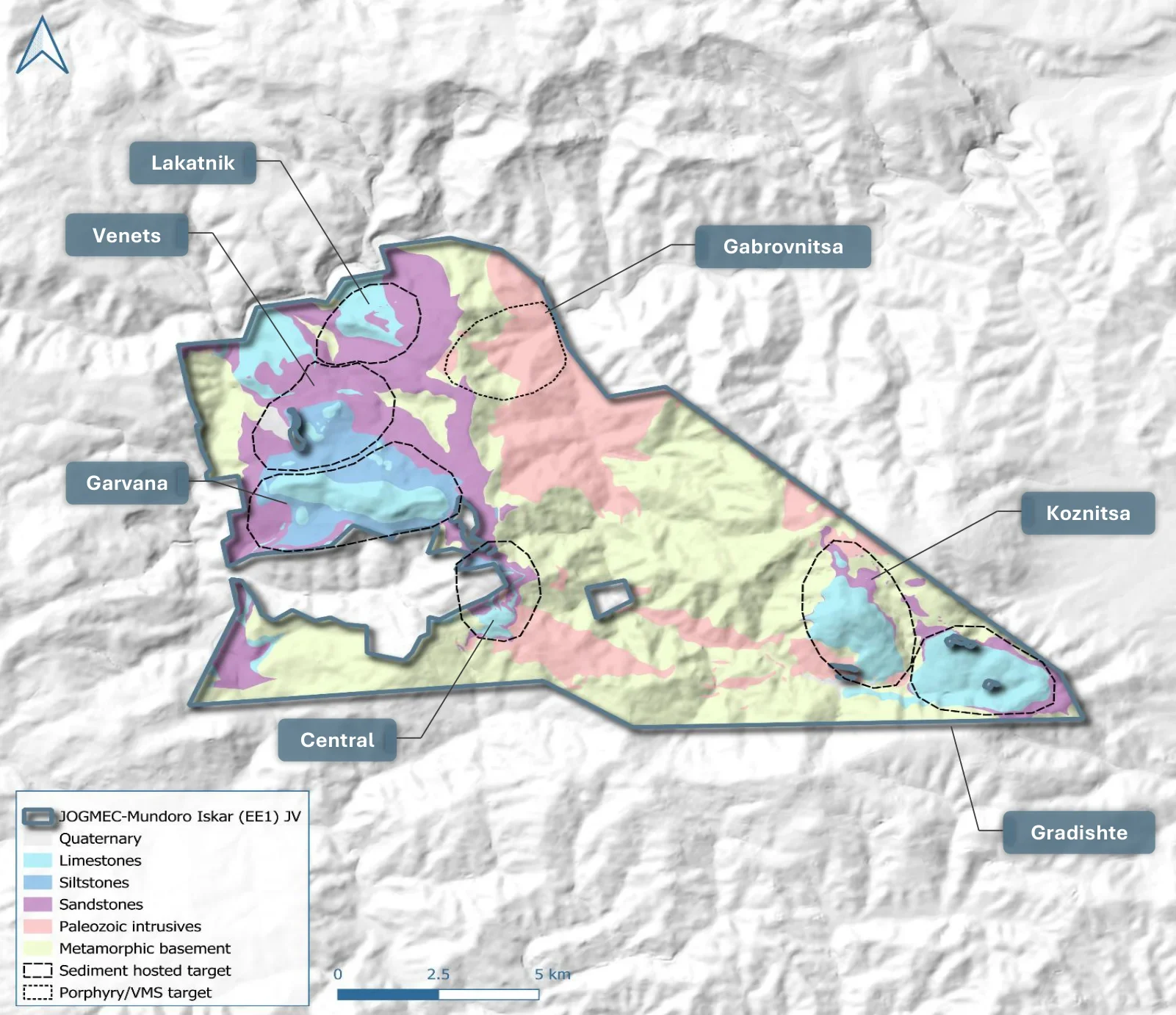 Geology map of the JOGMEC-Mundoro Iskar JV with Lakatnik, Venets, Garvana, Central, Koznitsa and Gradishte targets